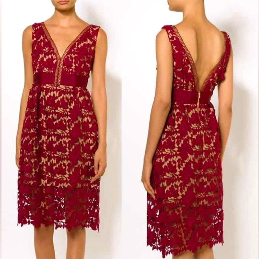 FEW MODA NEW YORK Off-the-Shoulder Guipure Lace Cocktail Midi Dress Burgundy M
